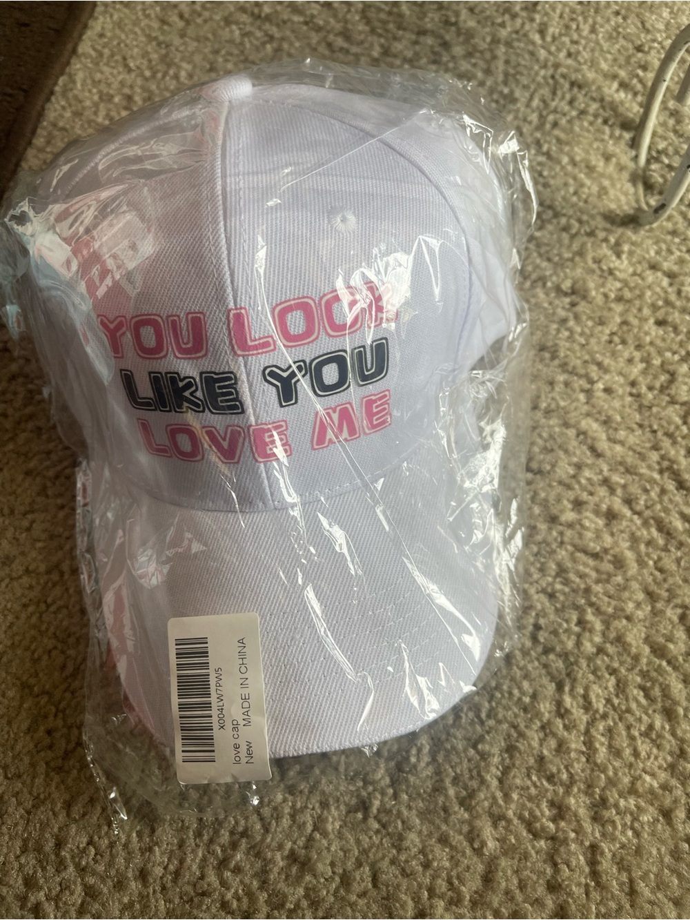 White Kids Baseball Cap with Pink & Black Text - You Look Like You Love Me
